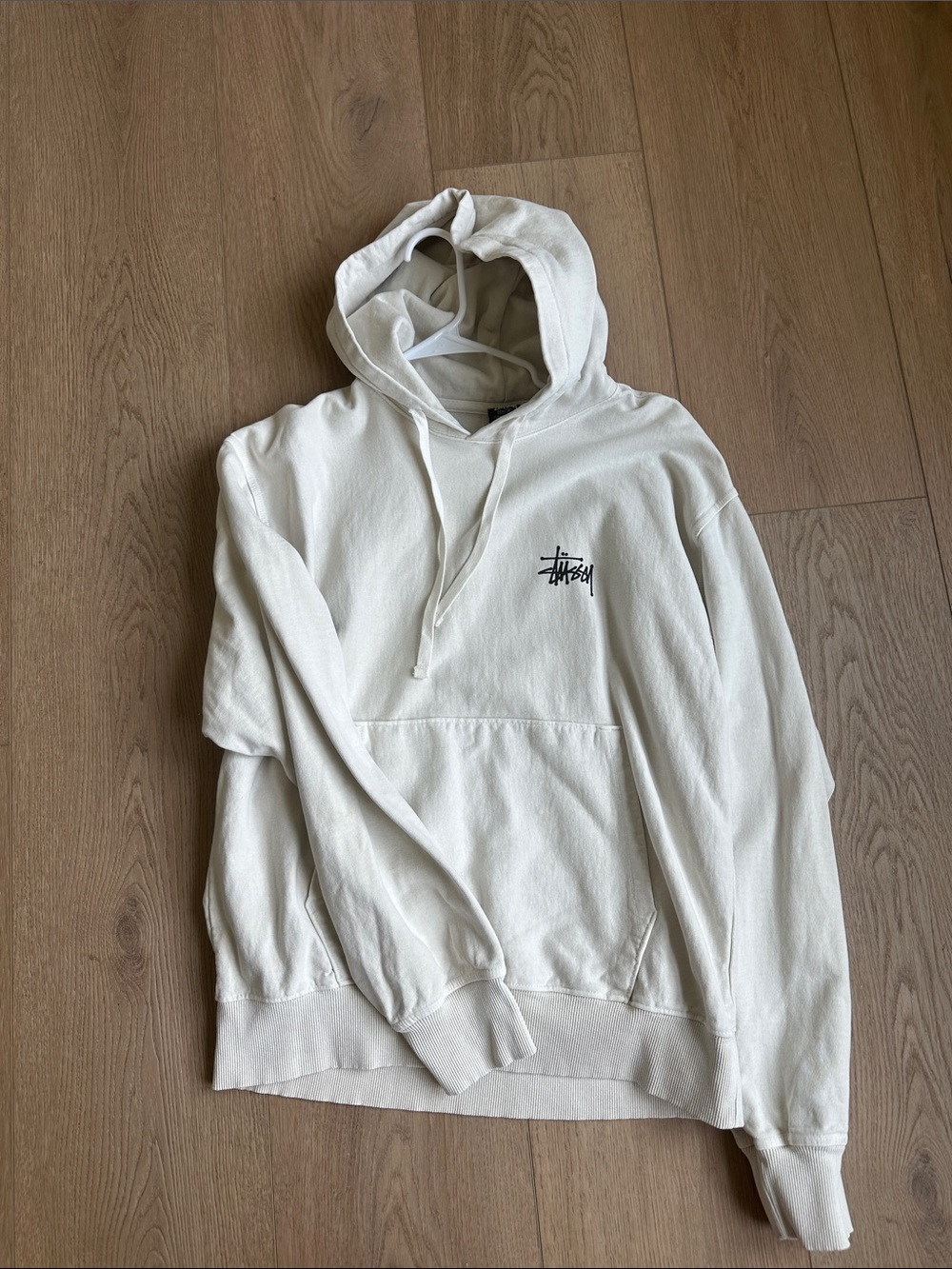 Stussy White Crewneck Hoodie with Small Black Logo - Men